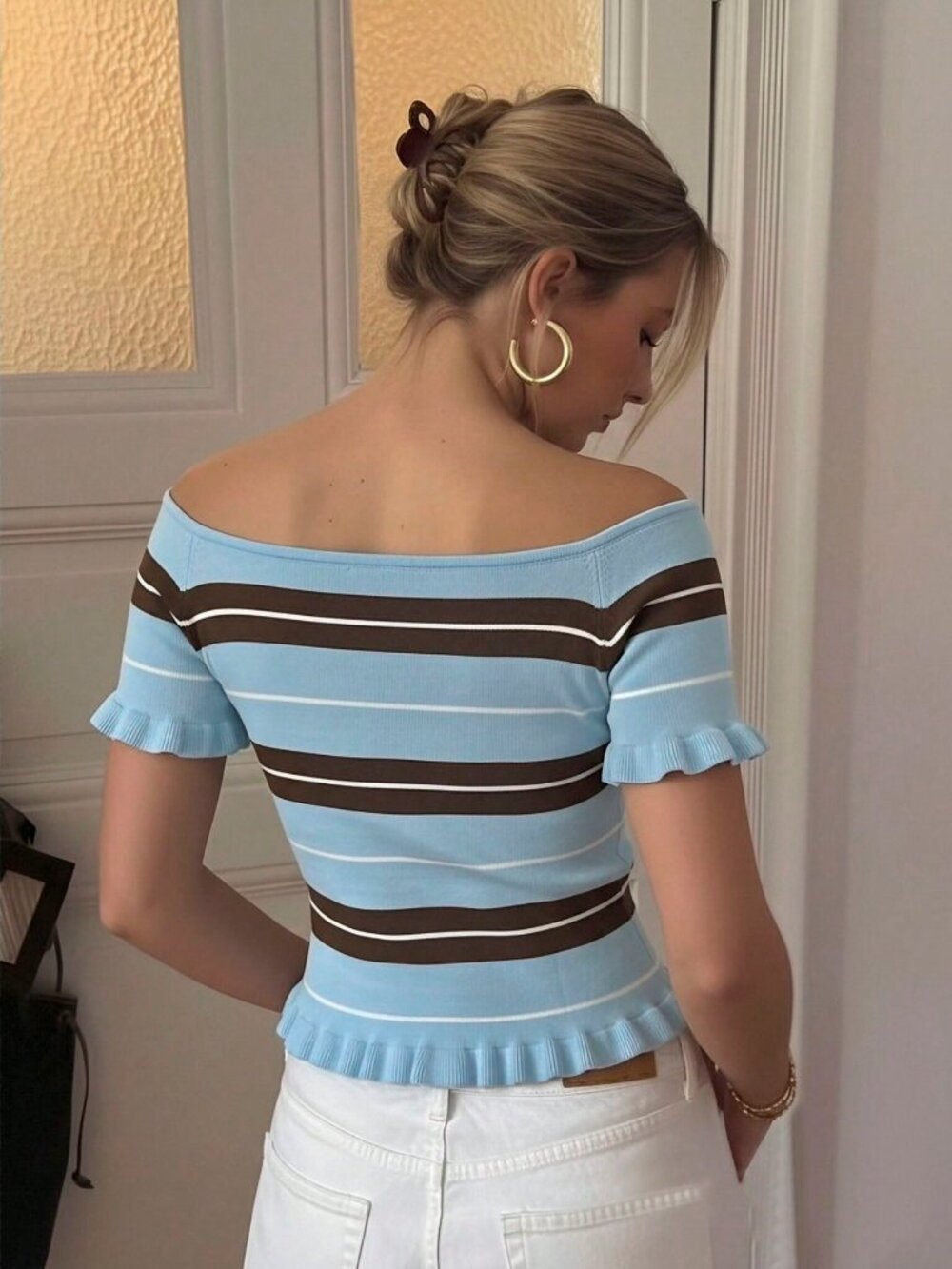 Blue Casual Women's Off-The-Shoulder Ruffled Striped Knit Short Sleeve Top - Picture 2 of 6